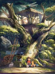  beetle blender book bottle brown_hair bucket bug canine dragonfly giant_insect highres ladder lantern lolicon male_focus mantis outdoors praying_mantis reading sanohi_kk shorts shovel swing tree treehouse 