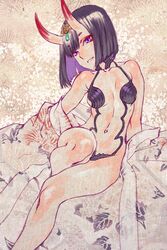  absurdres azuma_toh breasts commentary_request fate/grand_order fate_(series) female highres horns japanese_clothes kimono knees looking_to_the_side navel oni parted_lips purple_eyes purple_hair short_hair shuten_douji_(fate) shuten_douji_(first_ascension)_(fate) sitting skin-covered_horns small_breasts smile solo 