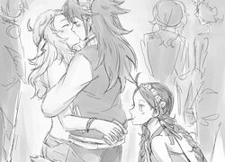  3girls artist_request blush closed_eyes eponine_(fire_emblem_if) female fire_emblem fire_emblem_if hug kissing long_hair monochrome multiple_girls nintendo ophelia_(fire_emblem_if) parody soleil_(fire_emblem_if) yuri 