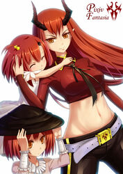  3girls age_difference belt chinese_clothes closed_eyes commentary_request crop_top dress hand_on_another&#039;s_face hat highres horns hug long_hair midriff mole mole_under_eye multiple_girls navel orange_eyes pants pixiv_fantasia pixiv_fantasia_fallen_kings pointy_ears red_hair short_hair siblings sisters slit_pupils smile very_long_hair white_dress xiaoyin_li 