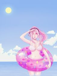  arm_at_side arm_up bad_deviantart_id bad_id bikini blue_sky blush breasts cloud cloudy_sky commentary cowboy_shot day english_commentary female food_print headphones holding holding_swim_ring horizon innertube large_breasts lips long_hair looking_at_viewer macaron_print navel nitroplus ocean one_eye_closed outdoors pink_eyes pink_hair pink_innertube salute shari_cote sky solo standing stomach sun sunlight super_sonico swim_ring swimsuit thighs transparent underboob wading water wet white_bikini 