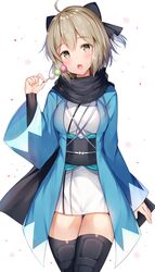  :o ahoge aozora_nan arm_guards black_bow black_scarf blonde_hair blush bow breasts commentary_request dango fate/grand_order fate_(series) female food hair_between_eyes hairbow half_updo haori highres holding holding_food japanese_clothes kimono looking_at_viewer medium_breasts obi okita_souji_(fate) okita_souji_(koha-ace) open_mouth sash scarf shinsengumi short_hair short_kimono simple_background solo thighhighs wagashi white_background white_kimono yellow_eyes zettai_ryouiki 