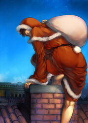  1boy barefoot blue_sky capelet chimney christmas commentary_request dragon&#039;s_dogma dragon&#039;s_dogma_(series) hood hpa_(foolish_factory) male_focus night night_sky pawn_(dragon&#039;s_dogma) photoshop_(medium) rooftop sack santa_costume sky solo star_(sky) starry_sky 