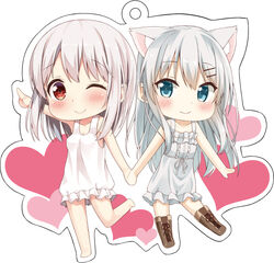  2girls ;) arm_up bad_id bad_pixiv_id barefoot blue_eyes blush boots brown_footwear c: cacao_(chocolat) chibi chocola_(cacao) closed_mouth collaboration commentary_request dress frilled_dress frills hair_ornament hairclip holding_hands karutamo knee_boots looking_at_viewer multiple_girls one_eye_closed original pointing pointing_up red_eyes sidelocks smile sundress tareme tisshu_(karutamo) white_dress white_hair 