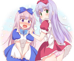  2girls airi_(alice_or_alice) alice_or_alice apron ass blue_bow blue_dress blush bow commentary_request dress dress_tug green_eyes grey_hair hairbow long_hair looking_at_viewer looking_back maid_apron mikan-ya multiple_girls nose_blush open_mouth panties pink_panties puffy_short_sleeves puffy_sleeves purple_eyes red_bow red_dress rise_(alice_or_alice) short_sleeves smile underwear very_long_hair white_apron white_bow 