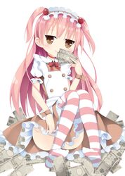  :q apron bad_id bad_pixiv_id blush borrowed_character brown_eyes female hair_bobbles hair_ornament long_hair looking_at_viewer maccha mikane_sebiri money original pink_hair smile solo striped_clothes striped_thighhighs thighhighs tongue tongue_out twintails two_side_up white_background 