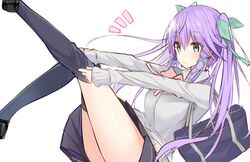  adjusting_clothes adjusting_legwear blazer blue_eyes blush breasts commentary_request female hair_ribbon jacket kakao_(chocolate_land) long_hair medium_breasts original purple_hair ribbon school_uniform shoes skirt solo thighhighs twintails yukaribe_setsuko 