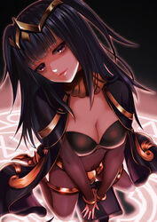  black_hair black_nails blunt_bangs bodysuit book breasts bridal_gauntlets cape cleavage commentary_request eyeshadow female fire_emblem fire_emblem_awakening from_above highres kumehara_chiyota long_hair looking_at_viewer makeup medium_breasts nail_polish painttool_sai_(medium) parted_lips purple_eyes solo tharja_(fire_emblem) tiara twitter_username two_side_up 