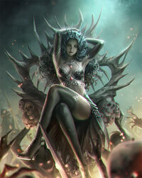  black_gloves black_hair black_legwear breasts brown_eyes cleavage commentary_request crossed_legs curly_hair elbow_gloves eudia_(serenity2200) fantasy female gloves hands high_heels horns jewelry long_hair looking_at_viewer medium_breasts midriff necklace necromancer original pile_of_skulls sitting solo throne zombie 