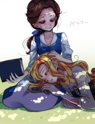  aurora_(disney) beauty_and_the_beast belle_(disney) book brown_hair company_connection crossover dappled_sunlight disney dress highres kokuchuutei long_hair multiple_girls sleeping sleeping_beauty smile sunlight 