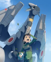  :o amakasu_hisone black_eyes black_hair blue_sky bodysuit commentary_request covered_navel day dragon helmet hisone_to_masotan masotan mi8pq open_mouth otf_f-15j_gear otf_gear pilot_suit science_fiction shading_eyes short_hair sky standing unworn_headwear unworn_helmet 