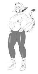  absurd_res anthro bell big_breasts bottomwear bra breasts clothing collar felid female footwear hi_res kemono leggings legwear mammal monochrome musical_note pantherine pants running_shoes saffron_(safurantora) safurantora shoes solo spandex sports_bra stripes thick_thighs thong thong_straps tiger tight_clothing underwear yoga_pants 