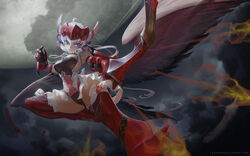  ahoge armor arrow_(projectile) black_light bow_(weapon) breasts broken_moon commentary female flying gloves head_wings helmet highres long_hair medium_breasts moon purple_eyes senki_zesshou_symphogear solo thighhighs twintails valkyrie warrior watermark weapon web_address white_hair wings yukine_chris 