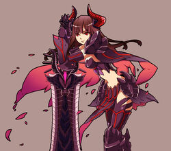  armor breasts brown_hair capcom character_request female female goa_magara_(armor) gore_magala_(armor) grey_background horns huge_weapon long_hair midriff monster_hunter monster_hunter_4 naomi_(miette) oversized_weapon red_eyes simple_background smile solo sword weapon 