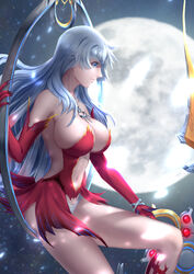  absurdres airysher artemis_(fate) artemis_(third_ascension)_(fate) blue_eyes breasts commentary_request dress elbow_gloves fate/grand_order fate_(series) female full_moon gloves grey_hair highres hoop huge_breasts long_hair looking_away moon navel night night_sky red_dress red_gloves revealing_clothes short_dress sitting sky solo very_long_hair 