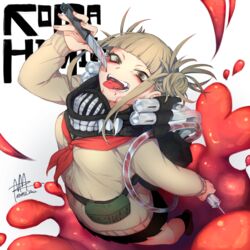  bangs blonde_hair blood blood_in_mouth blood_on_face bloody_knife bloody_weapon blunt_bangs boku_no_hero_academia cardigan double_bun fangs female hair_bun knife messy_hair school_uniform serafuku skirt solo toga_himiko tongue weapon yellow_eyes 