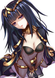  bags_under_eyes black_hair black_nails blunt_bangs bodysuit book breasts bridal_gauntlets cape cleavage commentary_request eyeshadow female fire_emblem fire_emblem_awakening from_above highres kumehara_chiyota long_hair looking_at_viewer makeup medium_breasts nail_polish painttool_sai_(medium) parted_lips purple_eyes solo tharja_(fire_emblem) tiara twitter_username two_side_up 