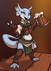  2018 alcohol anthro ass beer beverage blush breasts claws clothed clothing digital_media_(artwork) drunk female fin fin_piercing furgonomics furry-specific_piercing happy hi_res holding_object kobold lasi midriff non-mammal_breasts open_mouth piercing reptile scales scalie short_stack simple_background solo sorc standing substance_intoxication teeth tongue 