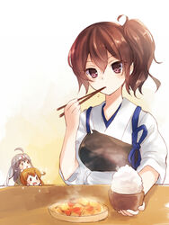  3girls ahoge armor bad_id bad_pixiv_id black_hair bowl brown_eyes brown_hair chopsticks drooling eating fairy_(kancolle) food headband hungry japanese_clothes kaga_(kancolle) kantai_collection mini_person minigirl multiple_girls muneate nunucco ponytail rice rice_bowl ryuusei_(kancolle) side_ponytail tasuki 