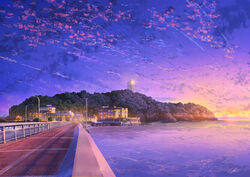  blue_sky building commentary_request enoshima highres lamppost niko_p no_humans original outdoors photoshop_(medium) railing road scenery sky sunset tower water 