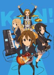  4girls akiyama_mio bass_guitar black_hair blonde_hair blue_eyes blush brown_eyes brown_hair cagayake!_girls_pose company_name copyright_name drum electric_guitar fender_jazz_bass fender_musical_instruments_corporation gibson_brands_inc gibson_les_paul guitar highres hirasawa_yui horiguchi_yukiko instrument k-on! keyboard_(instrument) korg korg_triton kotobuki_tsumugi left-handed long_hair multiple_girls official_art open_mouth pantyhose sakuragaoka_high_school_uniform school_uniform short_hair skirt smile tainaka_ritsu 