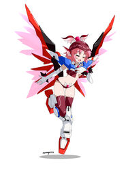  absurdres adapted_costume animal_ears breasts cleavage closed_eyes commentary_request destiny_gundam elbow_gloves female gloves gundam gundam_seed gundam_seed_destiny highres mecha_musume mechanical_wings medium_breasts midriff music mystia_lorelei nanaya777 open_mouth photoshop_(medium) pink_hair short_hair singing skindentation solo thighhighs touhou wings 