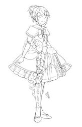  aku_no_musume_(vocaloid) alternate_costume bow bowtie choker closed_mouth collarbone commentary dress earrings elbow_gloves evillious_nendaiki female flat_chest flower frilled_dress frills full_body gloves greyscale hair_ornament hairbow hairclip ichi_ka jewelry kagamine_rin legs_together line_art looking_at_viewer monochrome ponytail riliane_lucifen_d&#039;autriche shoes short_hair short_ponytail signature simple_background smile solo standing sundress updo vocaloid white_background 