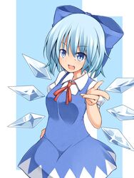  blue_bow blue_dress blue_eyes blue_hair bow breasts cirno commentary_request dress female garasuita hairbow ice ice_wings looking_at_viewer medium_breasts oerba_yun_fang open_mouth shirt short_hair smile solo touhou wings 