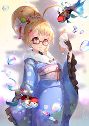  ahoge animal asanogawa_(tutufcc) azur_lane blonde_hair blue_kimono blurry blurry_background blush bow brown-framed_eyewear brown_shirt bubble closed_mouth commentary depth_of_field eldridge_(azur_lane) eldridge_(new_year&#039;s_outing)_(azur_lane) facial_mark female fish floral_print folding_fan fur_collar glasses goldfish hair_bun hairbow hand_fan hand_up heart heart-shaped_pupils highres holding holding_fan japanese_clothes kimono long_sleeves looking_at_viewer obi official_alternate_costume photoshop_(medium) print_kimono red_eyes sash shirt single_hair_bun sleeves_past_fingers sleeves_past_wrists smile solo symbol-shaped_pupils white_bow wide_sleeves 