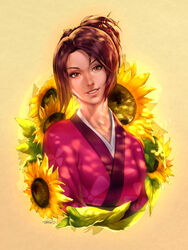  brown_eyes brown_hair commentary_request female flower fuu_(samurai_champloo) japanese_clothes kimono photoshop_(medium) portrait red_kimono samurai_champloo smile solo sunflower the_art_mage 