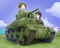  2girls arisaka_miyako black_hair brown_hair building caterpillar_tracks cloud commentary_request day dead_people glasses grass green_eyes military military_vehicle minabe_tetsumi motor_vehicle multiple_girls original outdoors ram_(tank) red_eyes sky tank 