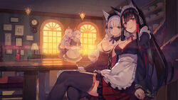  4girls akagi_(azur_lane) animal_ears apron ayanami_(azur_lane) azur_lane black_gloves black_hair black_kimono black_legwear blue_eyes breasts cafe commentary_request cup fox_ears fox_tail frilled_apron frills gloves hair_between_eyes headgear holding holding_cup indoors japanese_clothes kaga_(azur_lane) kimono kitsune large_breasts long_hair long_sleeves looking_at_viewer maid maid_apron maid_headdress multiple_girls multiple_tails neckerchief open_mouth parted_lips partially_fingerless_gloves red_eyes sailor_collar short_sleeves single_glove sitting skirt smile standing sunset table tail teacup thighhighs white_hair white_thighhighs wide_sleeves window yasumo_(kuusouorbital) yellow_neckerchief yuudachi_(azur_lane) zettai_ryouiki 