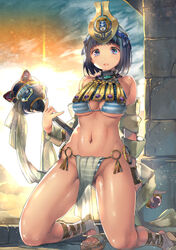  ancient_princess_menace bare_shoulders bikini black_hair blue_eyes blush breasts cloud commentary_request crown egyptian egyptian_clothes female full_body jewelry kneeling large_breasts looking_at_viewer menace_(queen&#039;s_blade) midriff navel open_mouth panties parted_lips pelvic_curtain photoshop_(medium) queen&#039;s_blade revealing_clothes sandals setra shiny_skin short_hair sky smile solo striped_bikini striped_clothes striped_panties sunlight sunrise swimsuit underboob underwear yoshimura_(yoshimura4shi) 