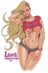  alternate_color alternate_hair_color breasts character_name clothes_writing commentary_request crop_top cropped_shirt curvy dark-skinned_female dark_skin female hand_on_own_thigh highleg highleg_panties huge_breasts laura_matsuda long_hair looking_at_viewer navel official_alternate_costume panties photoshop_(medium) portuguese_text short_shorts shorts simple_background smile solo street_fighter street_fighter_v tabe_koji thong underboob underwear white_background wide_hips 