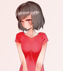  black_hair blush breasts breasts_squeezed_together commentary_request embarrassed female hashimoto_(soukidann2010) looking_at_viewer medium_breasts original red_eyes red_shirt shirt short_hair solo swept_bangs t-shirt upper_body v_arms 