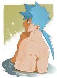  1boy areolae blue_eyes blue_hair breath_of_fire breath_of_fire_iv closed_mouth commentary_request looking_afar male_focus nabana_(bnnbnn) nipples partially_submerged ponytail ryuu_(breath_of_fire_iv) solo spiked_hair upper_body water wet 