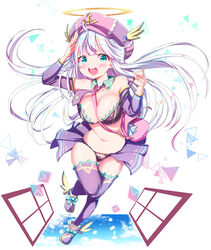  absurdres ahoge aqua_eyes bad_id bad_pixiv_id bag bare_shoulders blush bow breasts cleavage collarbone commentary_request cross detached_collar detached_sleeves earrings envelope female footwear_bow frills full_body hat highres jewelry kneehighs large_breasts midriff navel necktie open_mouth pixiv&#039;s_virtual_youtuber_audition shoes socks solo teeth tenzeru virtual_youtuber white_hair window winged_footwear winged_hat wings 