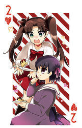  2girls bad_id bad_pixiv_id blue_eyes brown_hair card fate/zero fate_(series) hair_ribbon jeran_(ggokd) lolicon long_hair matou_sakura multiple_girls photoshop_(medium) playing_card purple_eyes purple_hair ribbon siblings sisters tohsaka_rin twintails two_of_hearts 