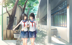  4girls bicycle black_eyes black_hair building chinese_commentary commentary day fence kikivi long_hair multiple_girls original outdoors school_uniform serafuku short_hair tree walking 