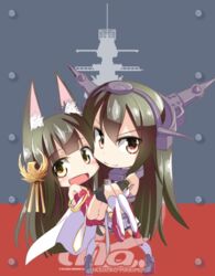  2girls animal_ears azur_lane bare_shoulders battleship black_gloves black_hair carrying chibi commentary_request crossover dress fingerless_gloves fox_ears gloves hair_ornament headgear hime_cut historical_name_connection japanese_clothes kantai_collection kazekawa_nagi long_hair long_sleeves military military_vehicle miniskirt multiple_girls nagato_(azur_lane) nagato_(kancolle) name_connection open_mouth pleated_skirt princess_carry red_eyes ship skirt sleeveless sleeveless_dress thighhighs translation_request warship watercraft wide_sleeves 