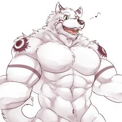  1:1 2015 abs anthro biceps big_muscles canid canine canis chest_tuft fangs fur green_eyes happy hi_res istani male mammal markings muscular muscular_anthro muscular_male musical_note open_mouth pecs sharp_teeth simple_background smile solo tattoo teeth tongue tuft white_background white_body white_fur wolf 