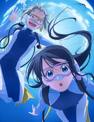  2girls :d ^_^ absurdres air_bubble amanchu! artist_request black_hair blue_eyes bodysuit breath bubble closed_eyes diving diving_mask diving_regulator diving_suit flippers freediving goggles green_hair highres holding_breath kohinata_hikari long_hair long_sleeves looking_at_viewer multiple_girls official_art ooki_futaba open_mouth scuba short_hair smile snorkel swimming underwater waving wetsuit 