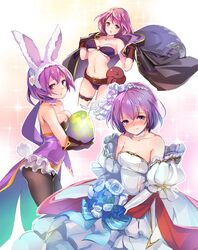  animal_ears bare_shoulders belt bikini bouquet breast_press breasts bridal_veil bride bride_(fire_emblem) caeda_(bridal)_(fire_emblem) caeda_(fire_emblem) caeda_(fire_emblem)_(cosplay) camilla_(fire_emblem) camilla_(fire_emblem)_(cosplay) camilla_(spring)_(fire_emblem) cleavage commentary_request cosplay detached_collar dress easter_egg egg elbow_gloves fake_animal_ears female fire_emblem fire_emblem:_mystery_of_the_emblem fire_emblem:_new_mystery_of_the_emblem fire_emblem_awakening fire_emblem_fates fire_emblem_heroes flower gloves hair_flower hair_ornament highres holding holding_bouquet jacket jacket_on_shoulders jewelry katarina_(fire_emblem) looking_at_viewer medium_breasts mg_kurino necklace o-ring o-ring_top official_alternate_costume pantyhose purple_bikini purple_hair rabbit_ears rabbit_tail robin_(female)_(fire_emblem) robin_(female)_(fire_emblem)_(cosplay) robin_(female)_(summer)_(fire_emblem) robin_(fire_emblem) short_hair sparkle_background swimsuit tail tearing_up veil wedding_dress white_dress 