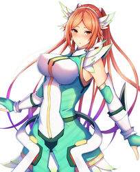  aqua_gloves bare_shoulders blush breasts commentary_request cowboy_shot detached_sleeves female gauntlets gloves gradient_hair head_wings kamokatatsumuri long_hair long_sleeves looking_at_viewer medium_breasts multicolored_hair orange_eyes orange_hair parted_bangs parted_lips partially_fingerless_gloves phantasy_star phantasy_star_online_2 purple_hair quna_(pso2) sidelocks simple_background solo twintails white_background wings 