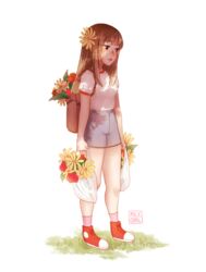  arms_at_sides artist_logo artist_name backpack bag blush breasts brown_eyes brown_hair clenched_hands closed_mouth commentary dappled_sunlight denim denim_shorts english_commentary female flower full_body grass grey_shorts hair_flower hair_ornament high-waist_shorts holding holding_bag long_hair looking_down looking_to_the_side nose_blush original pink_socks red_flower red_footwear shari_cote shirt shoes short_sleeves shorts simple_background small_breasts sneakers socks solo standing sunflower sunlight white_background white_shirt yellow_flower 