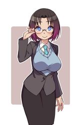  black_hair blue_eyes breasts commentary_request elma_(maidragon) female glasses kobayashi-san_chi_no_maidragon kugi_ta_hori_taira large_breasts looking_at_viewer multicolored_hair necktie office_lady parted_bangs pencil_skirt purple_hair rimless_eyewear short_hair simple_background skirt smile solo two-tone_hair vest 