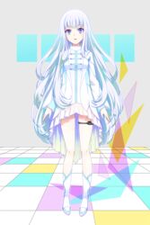  azaka_(pipponao) blue_eyes boots collar commentary_request female floor highres long_hair long_sleeves looking_at_viewer open_mouth pixiv&#039;s_virtual_youtuber_audition shirt sidelocks skirt thigh_strap very_long_hair virtual_youtuber white_footwear white_hair white_shirt white_skirt 