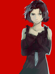  angry avvo_(ekireikirei) baccano! black_dress black_hair brown_eyes chane_laforet commentary_request dress elbow_gloves female gloves knife looking_at_viewer short_hair solo 