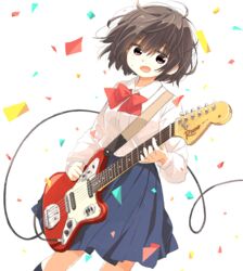  :d black_socks blouse blue_skirt blush bob_cut brown_hair commentary_request confetti female fender_jaguar guitar highres holding holding_instrument instrument kneehighs long_sleeves matsuda_hikari music open_mouth original pink_eyes playing_instrument pleated_skirt school_uniform shirt short_hair simple_background skirt smile socks solo standing white_background white_shirt 