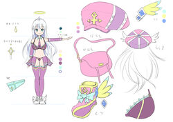  absurdres ahoge aqua_eyes bad_id bad_pixiv_id bag bare_shoulders blush bow breasts closed_mouth collarbone commentary_request cross detached_collar detached_sleeves earrings envelope female footwear_bow frills halo hat highres jewelry kneehighs large_breasts midriff navel necktie pixiv&#039;s_virtual_youtuber_audition reference_sheet shoes socks teeth tenzeru virtual_youtuber white_hair winged_footwear winged_hat wings 